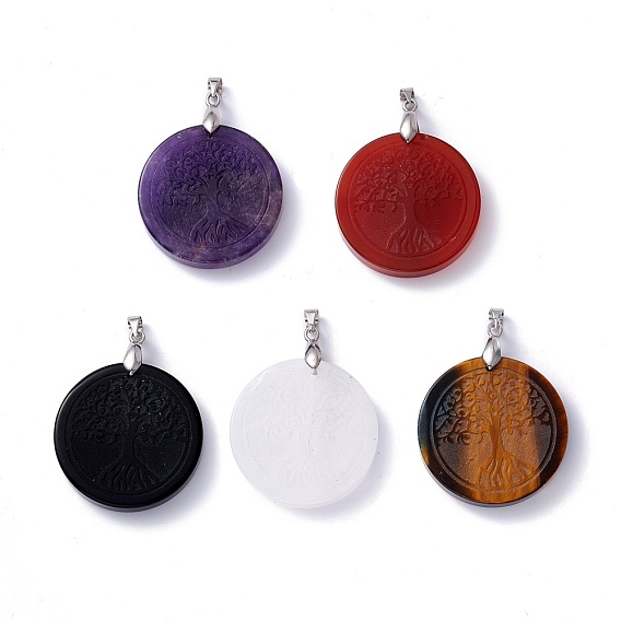 Natural Gemstone Pendants, with Platinum Plated Brass Findings, Flat Round