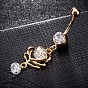 Messing Zirkonia Nabel Ring, Bauchringe, mit 304 Edelstahlleiste, cadmiumfrei und bleifrei, Blume