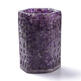 Resin with Natural Gemstone Chip Stones Pen Holder, Home OFFice Tabletop Decoration, Hexagon