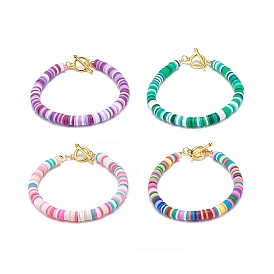 4Pcs 4 Colors Polymer Clay Heishi Beaded Bracelets, with Brass Toggle Clasps, Golden