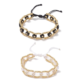 2Pcs 2 Colors Glass Seed Braided Bead Bracelets, Heart Acrylic Stackable Adjustable Bracelets for Women Men