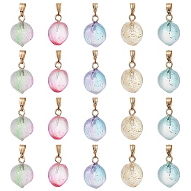 20Pcs 5 Colors Two Tone Transparent Spray Painted Glass Pendants, with Golden Plated Iron Bails and Gold Foil, Frosted, Peach Charms
