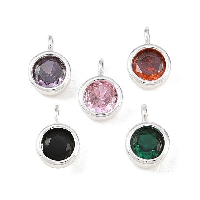 Brass Pave Cubic Zirconia Charms, with Jump Rings, Single Stone Charms, Flat Round Charms, Silver