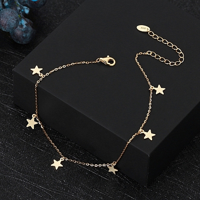 925 Sterling Silver Cable Chain Anklets with Star Charms for Women, with S925 Stamp