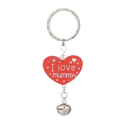 Wood Heart with Word I Love Mummy Keychains, with Iron Keychain Ring and Iron Bell Pendant