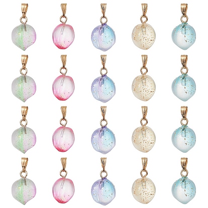 20Pcs 5 Colors Two Tone Transparent Spray Painted Glass Pendants, with Golden Plated Iron Bails and Gold Foil, Frosted, Peach Charms