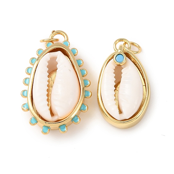 Подвески из натуральной каури, с латунной небесно-голубой эмалью/фианитами, подвески в форме ракушек, без кадмия и без свинца, стойки покрытие, долговечный, с прыжковых колец, цветочный белый