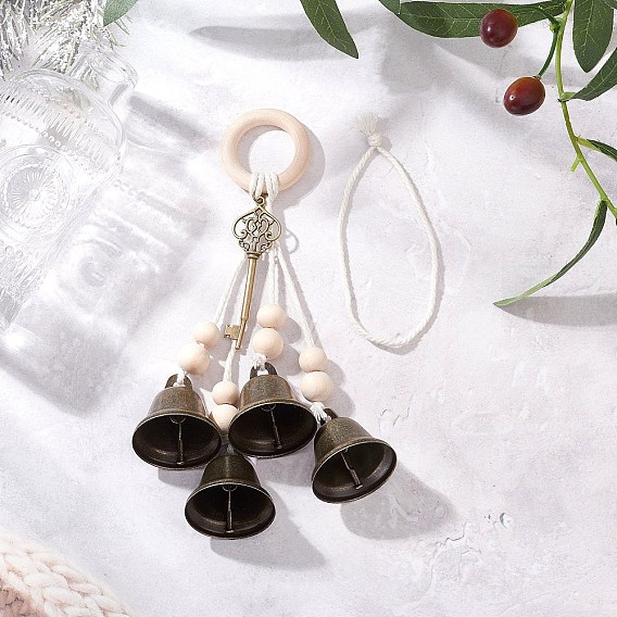 Железный колокольчик и подвеска-ключ из сплава, макраме из хлопкового шнура и деревянного кольца для украшения двери дома