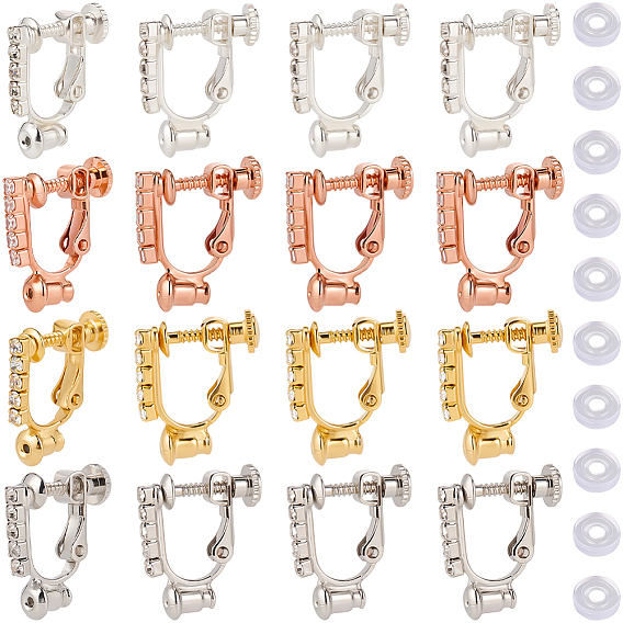 16 шт. 4 цвета латуни с фурнитурой для сережек-клипс из хрустальных страз, с силиконовой клипсой на подушечках для серег