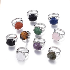 Adjustable Faceted Natural & Synthetic Gemstone Rings, with Platinum Brass Findings, Flat Round
