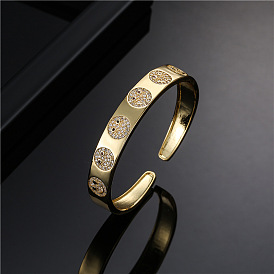 18K Gold Plated Copper Women's Bangle Bracelet with Zirconia Smile Face Decoration - European and American Style Jewelry