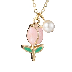 Alloy Enamel Tulip & Round Shell Pearl Pendants Necklaces, Brass Cable Chains Necklaces for Women