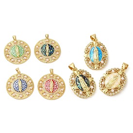 Rack Plating Brass Micro Pave Cubic Zirconia Earrings, with Shell, Cadmium Free & Lead Free, Long-Lasting Plated, Real 18K Gold Plated, Flat Round/Oval