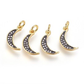 Brass Micro Pave Cubic Zirconia Charms, with Jump Ring, Moon, Clear