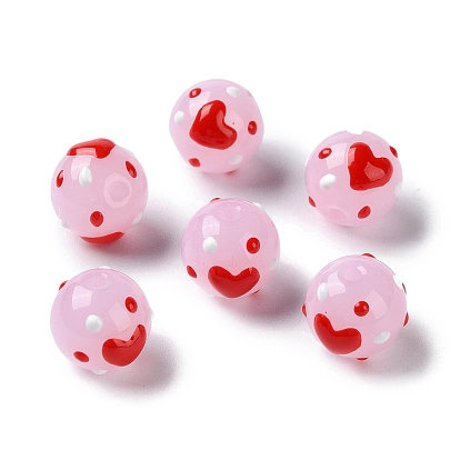 Handmade Lampwork Beads, with Enamel, Round with Heart Pattern