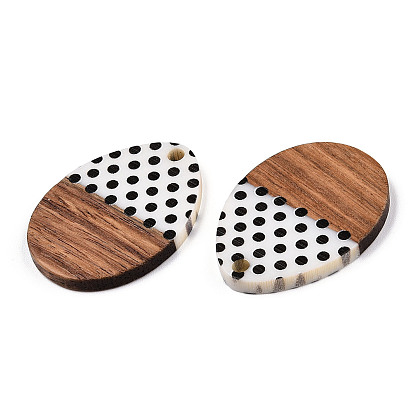 Printed Opaque Resin & Walnut Wood Pendants, Egg Charm with Polka Dot Pattern