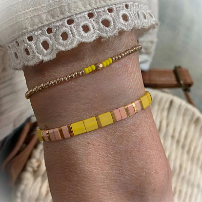 Conjuntos de pulseras ajustables de verano con cuentas y diseño de azulejos rectangulares de vidrio., Pulseras deslizantes redondas de latón con cuentas para mujer, real 14 k chapado en oro