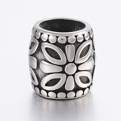 304 Stainless Steel Beads, Large Hole Beads, Barrel with Flower