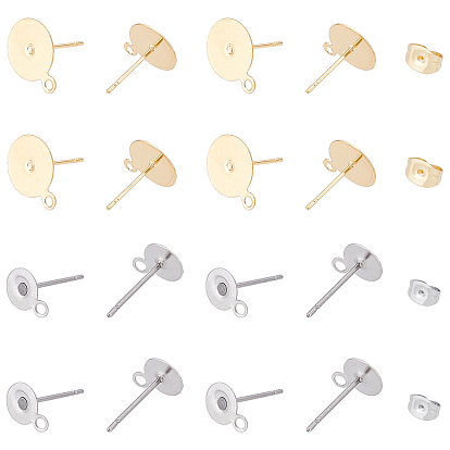 304 Stainless Steel Stud Earring Findings, with Loop and Ear Nuts, Flat Round
