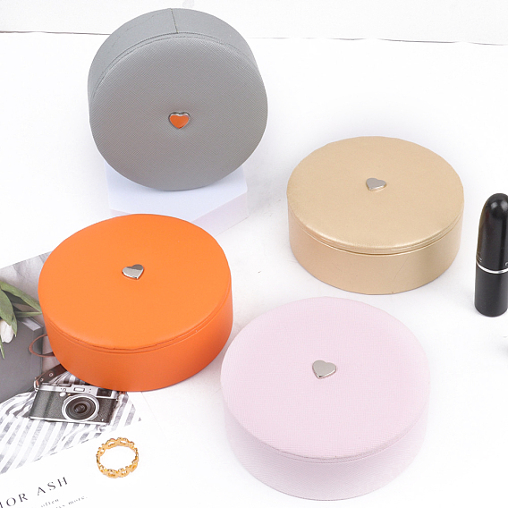 PU Leather Jewelry Storage Box, Jewelry Organizer Case for Necklace Earrings Ring, Flat Round with Heart