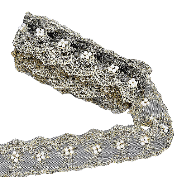 5 Yards Polyester Lace Ribbon, with Imitation Pearl, for Garment Accessories, Gift Decoration