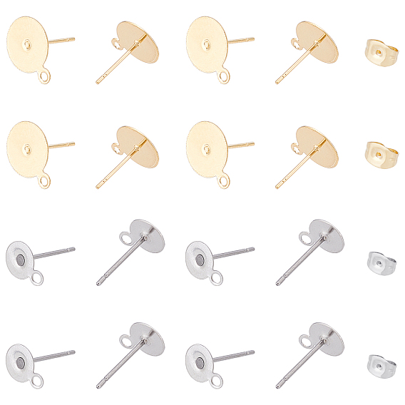 304 Stainless Steel Stud Earring Findings, with Loop and Ear Nuts, Flat Round