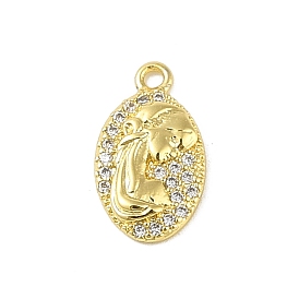 Brass Micro Pave Clear Cubic Zirconia Pendants, Real 18K Gold Plated, Oval with Human