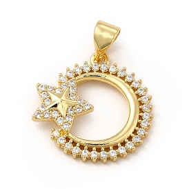 Rack Plating Brass Micro Pave Cubic Zirconia Pendants, Cadmium Free & Lead Free, Real 18K Gold Plated, Crescent Moon & Star Charm