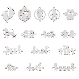 30Pcs 15 Style 201 Stainless Steel Links connectors, Family & Flat Round & Dog & Paw Print & Feet & Human