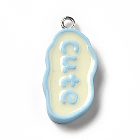 Opaque Resin Pendants, with Platinum Tone Iron Loops, Cloud Charm with Word Cute