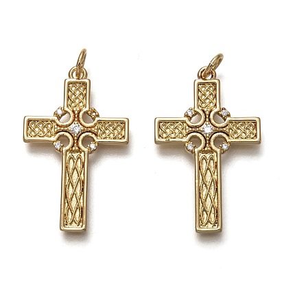 Brass Micro Pave Clear Cubic Zirconia Pendants, with Jump Rings, for Religion, Long-Lasting Plated, Claddagh Cross