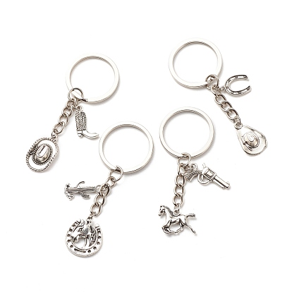Porte-clés en alliage de style tibétain, avec 304 accessoires en acier inoxydable et en fer, thème de cow-boy, formes mixtes