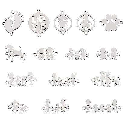 30Pcs 15 Style 201 Stainless Steel Links connectors, Family & Flat Round & Dog & Paw Print & Feet & Human
