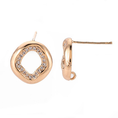 Brass Micro Pave Clear Cubic Zirconia Stud Earrings Findings, with Loop, Nickel Free, Oval