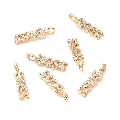 Brass Micro Pave Clear Cubic Zirconia Pendants, Long-Lasting Plated, Lead Free & Cadmium Free & Nickel Free, BOSS Word Shape