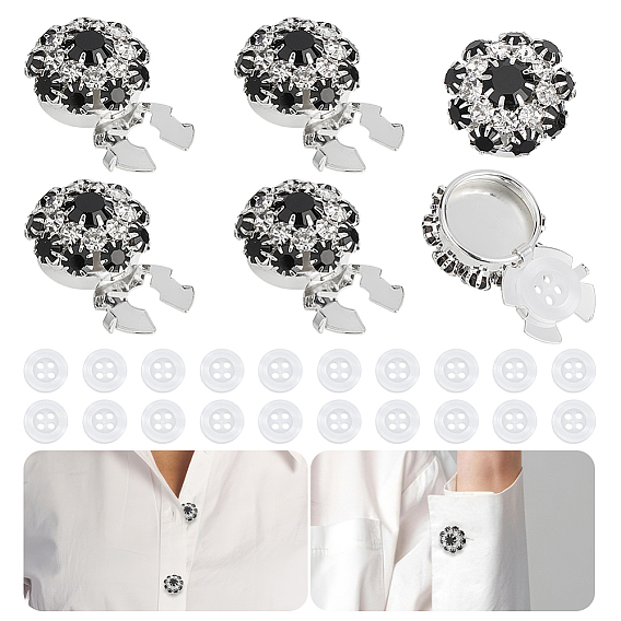 6Pcs Brass Rhinestone Cufflinks, Flower, 20Pcs 4-Hole Plastic Buttons, Flat Round