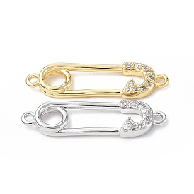 Eco-Friendly Rack Plating Brass Micro Pave Clear Cubic Zirconia Connector Charms, Safety Pins Links, Long-Lasting Plated, Lead Free & Cadmium Free
