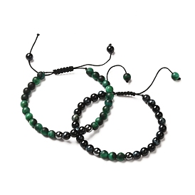 Natural Tiger Eye & Non-magnetic Synthetic Hematite Bracelets for Men Women, Adjustable Braided Bead Bracelets Set