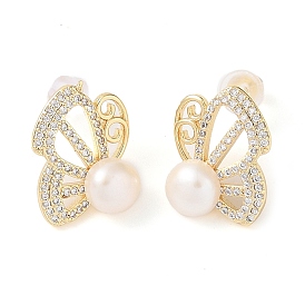 Natural Pearl Stud Earrings, Butterfly Brass Micro Pave Clear Cubic Zirconia Jewelry for Women