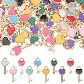 100 шт 10 цвета сплава эмалевые подвески, Ключ с сердцем, золотой свет