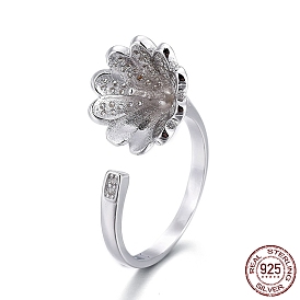 925 Sterling Silver Cuff Rings, Design Ring Mounts Fittings with Pearl Seat, For Half Drilled Beads, with Cubic Zirconia, Flower
