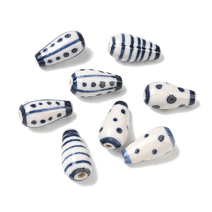 Фарфоровые бусины ручной работы, белый и голубой фарфор, Каплевидная форма с полосками и точечным узором
