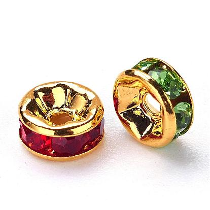 Brass Rhinestone Spacer Beads, Grade AAA, Straight Flange, Nickel Free, Golden Metal Color, Rondelle, 6x3mm, Hole: 1mm