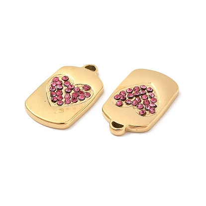 Vacuum Plating 201 Stainless Steel with Rhinestone Pendants, Real 18K Gold Plated, Rectangle with Heart Pattern Charms