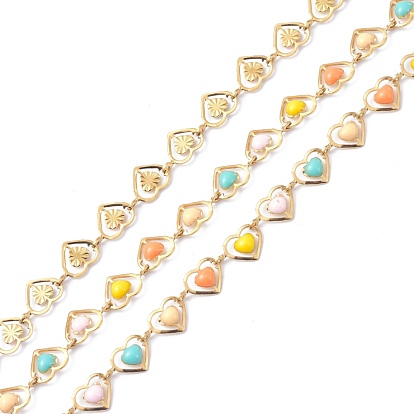 304 Stainless Steel & Enamel Link Chain, Long-Lasting Plated, Heart, Unwelded, with Spool