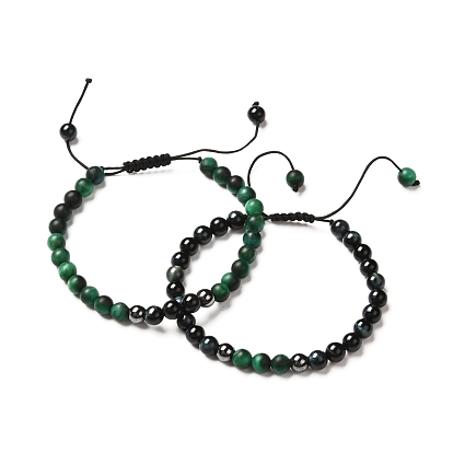Natural Tiger Eye & Non-magnetic Synthetic Hematite Bracelets for Men Women, Adjustable Braided Bead Bracelets Set