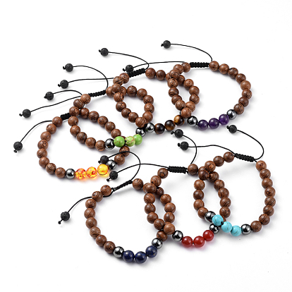 Adjustable Nylon Cord Braided Bead Bracelets, with Gemstone, Non-Magnetic Synthetic Hematite Beads and Wood Beads