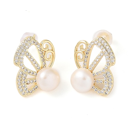 Natural Pearl Stud Earrings, Butterfly Brass Micro Pave Clear Cubic Zirconia Jewelry for Women