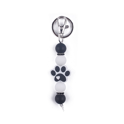 Round & Dog Paw Print Silicone Beaded Keychain, with Iron Findings, for Car Backpack Pendant Accessories