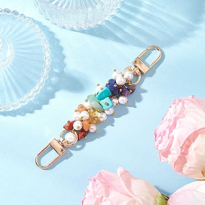 Цепочки для удлинителей сумок с бусинами из круглого белого ракушечного жемчуга и чакра-драгоценного камня, с поворотными застежками из сплава